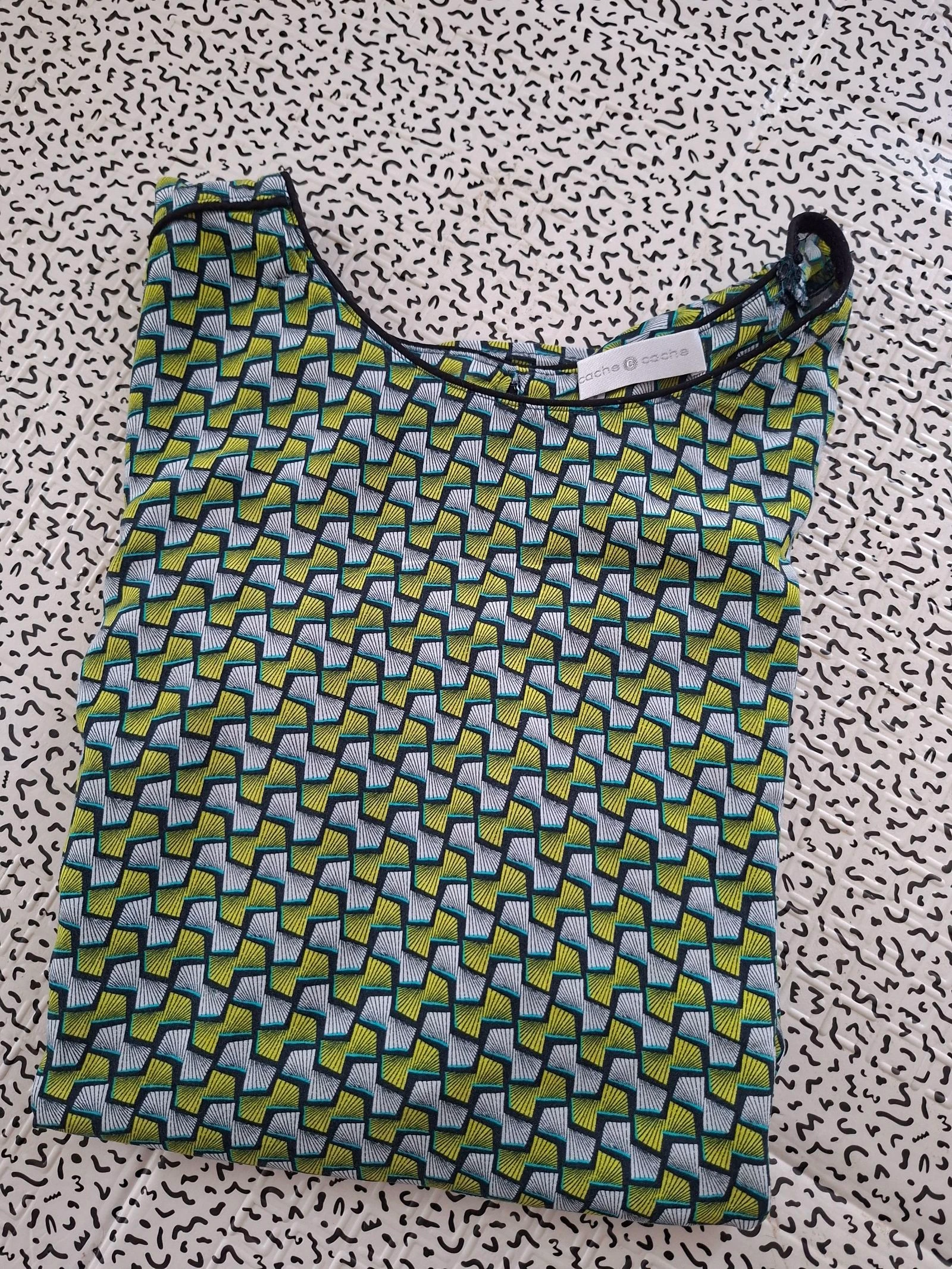 Blusa Cache Cache T1 S con estampado geométrico verde azul mangas cortas fluida para mujer – photo 9